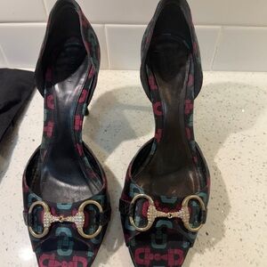 Gucci Black and Red Heels with Gold Accents